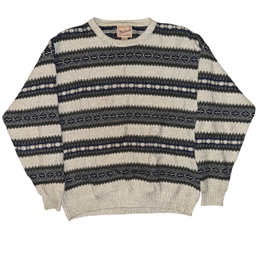 Woolrich Vintage Mens Large Fair Isle Stripe Crewneck Sweater Made in USA Grey